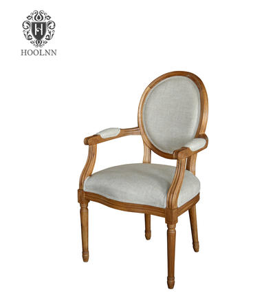 P2201 Vintage French Round Back Upholstered White Wooden Armchair Armrest Dining Chair
