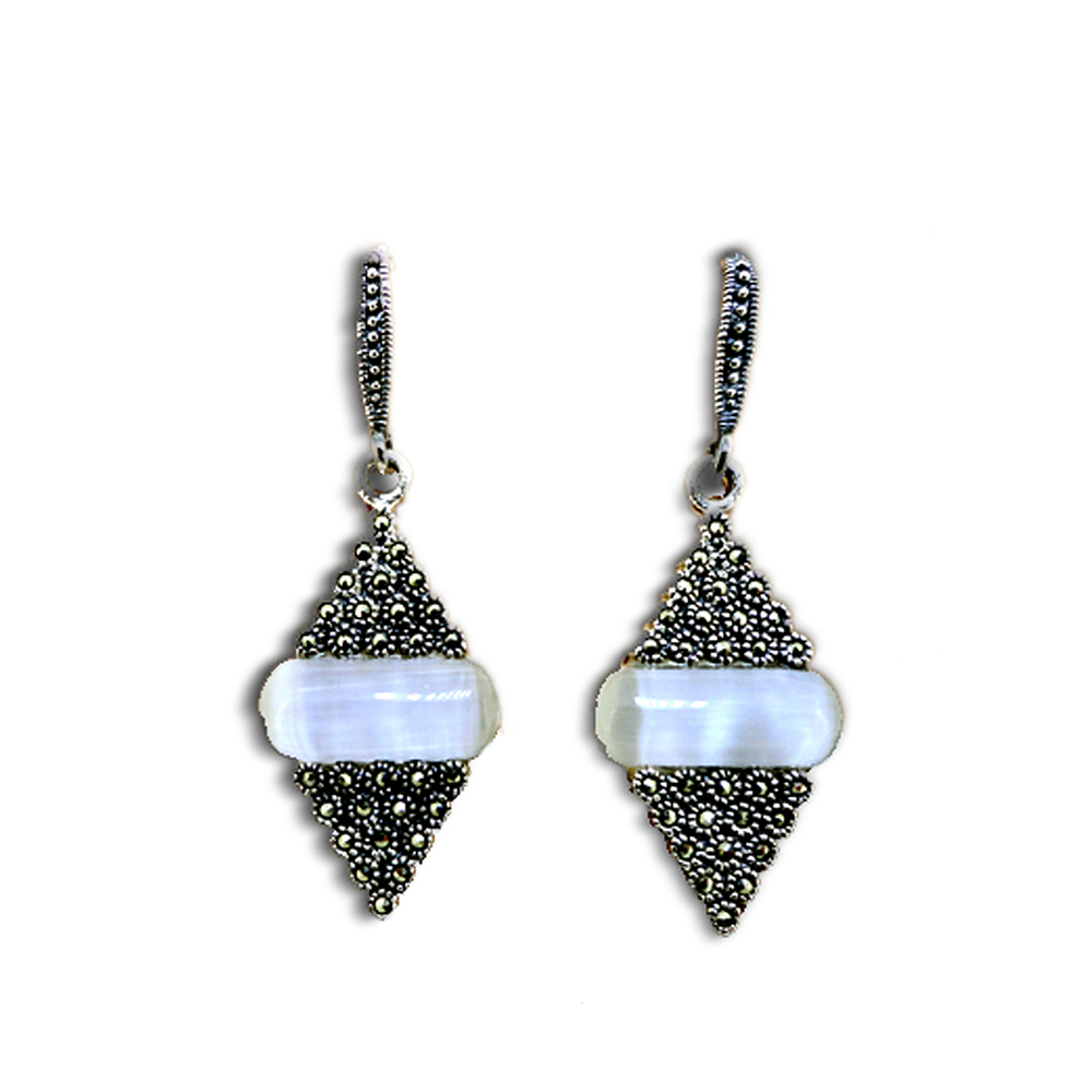 Braided Black Onyx Rhombus Silver Jade Gemstone Earrings