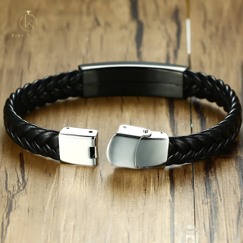 Stainless Steel Leather Bracelet Men's Microfiber Leather Rhinestone Curved Bangle Bracelet Trendy Men's Jewelry Bracelet Wholes