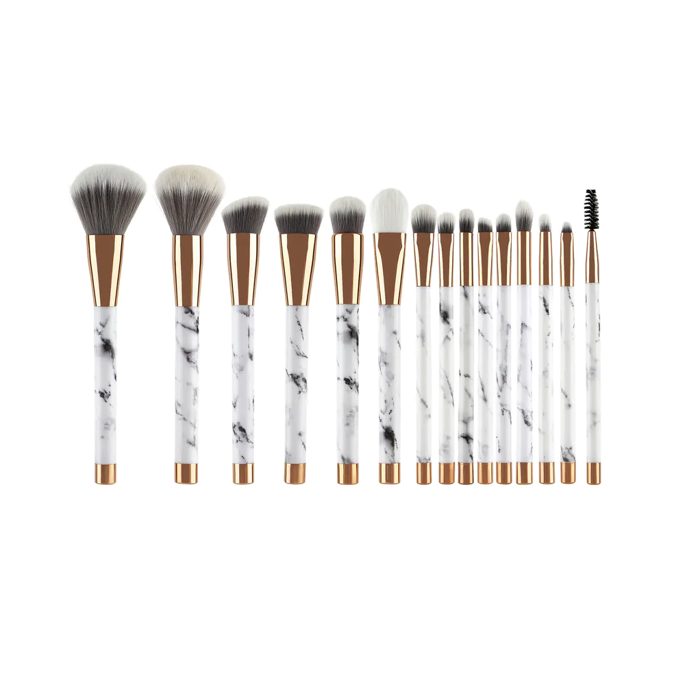 15pcs Marble cosmetic brush set with angled fluffy powder blusher eye makeup kit