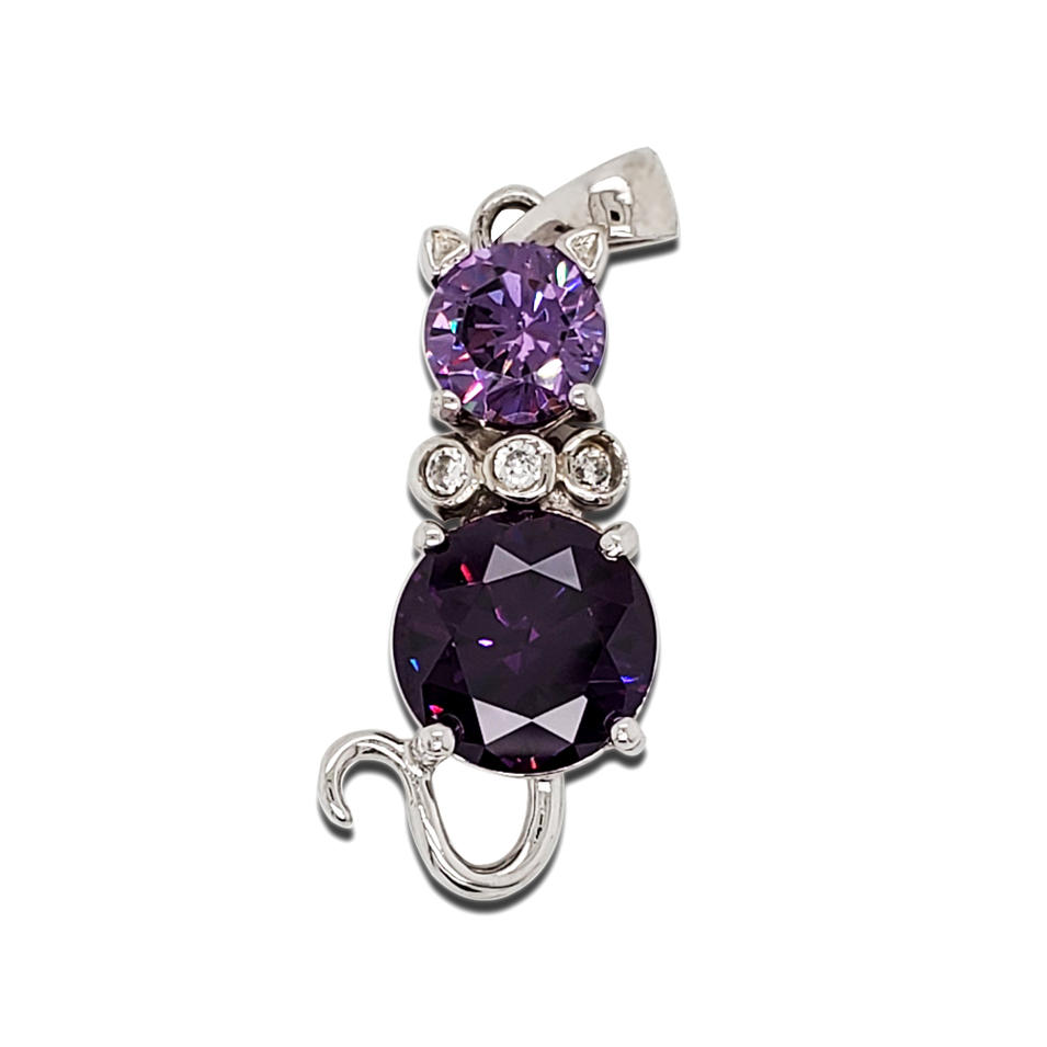 New Trendy Purple Zircon Jewelry Lady Cat Engraving Sterling Silver Pendants