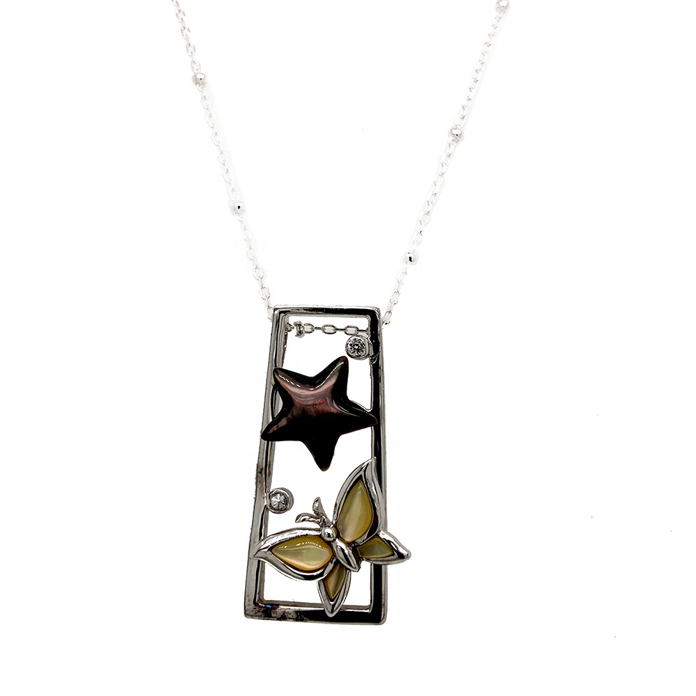 Shell Butterfly Enamel Star Designed Cz Dotted Silver Trapezoid Shape Frame Pendant