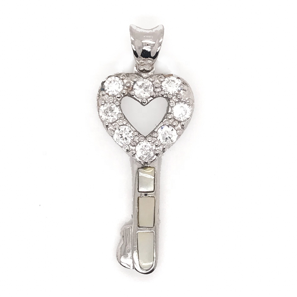 Hot Sale Cute Heart Shaped Love Clear Cz Key Shell 925 Silver Pendant