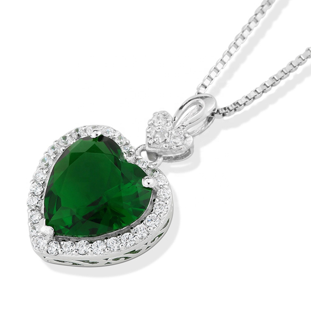 Cheap cz silver simple heart green zircon mom necklace
