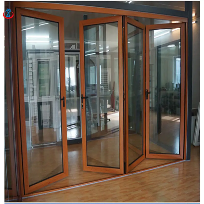 Wood 4880mmW*2440mmH Double Tempered+LOW-E Glass Aluminum Frame Thermal Insulation Folding Door