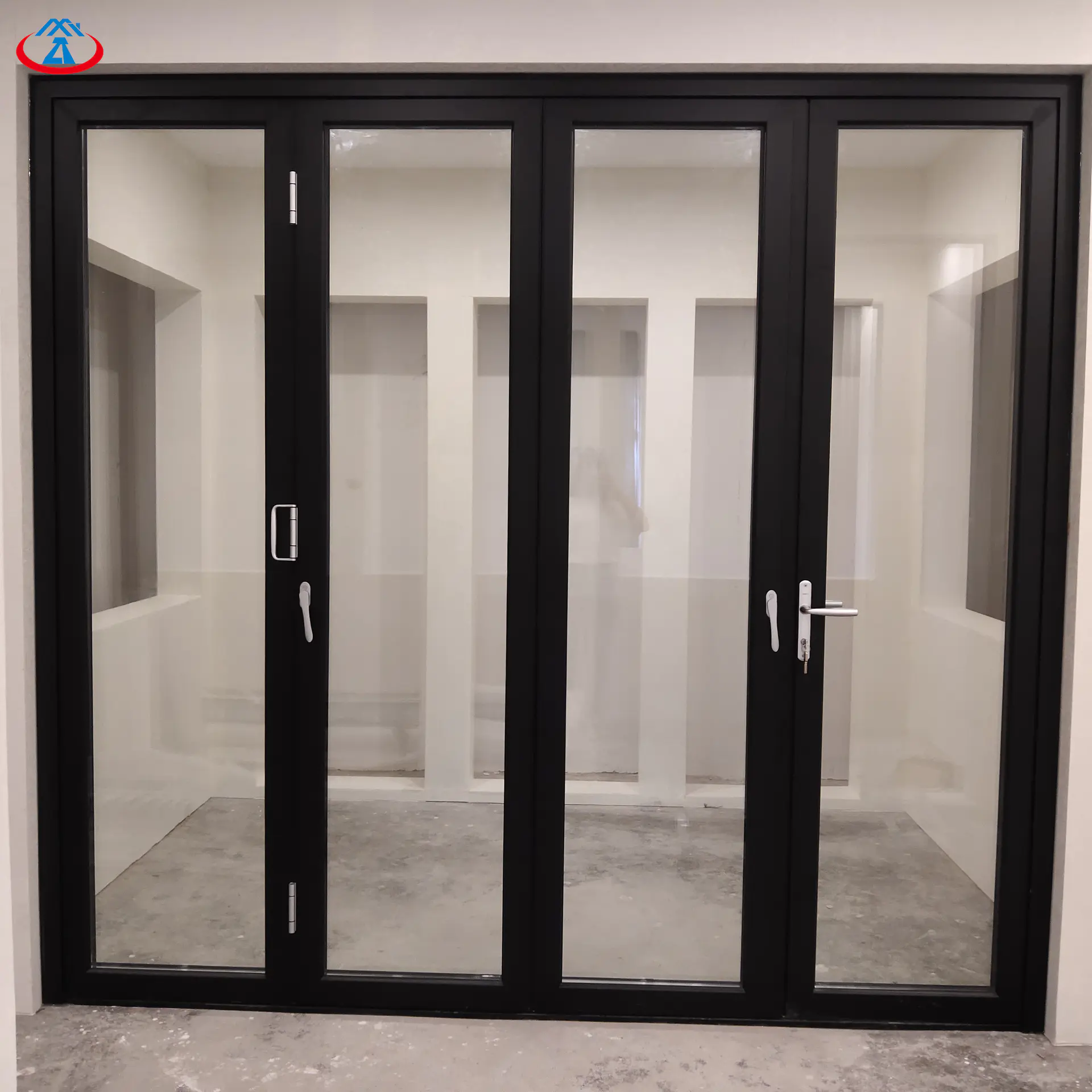 Black 16 feetW*8 feetH Double Tempered+LOW+E Glass Aluminum Frame Thermal Insulation Folding Door Manufacturer
