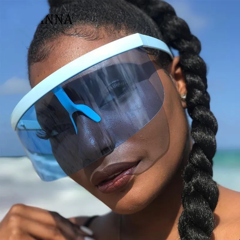EUGENIA Futuristic Flat Top Mirrored Mono Lens Novelty Shield Visor Oversized Women Sunglasses