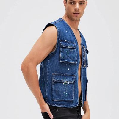 jeans jackets men Single Breasted Flap Pocket Ripped Denim Sleeveless Jacket for men