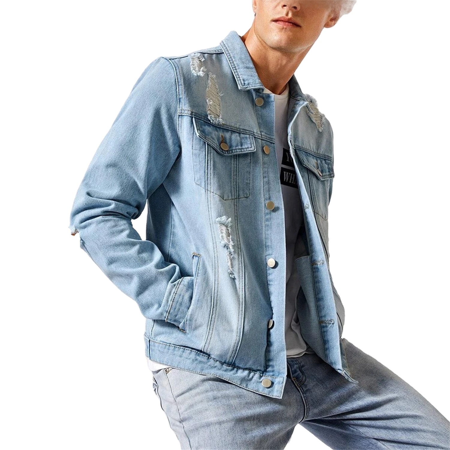 American hot sale jeans men jacket four pockets light blue ripped jacket denim