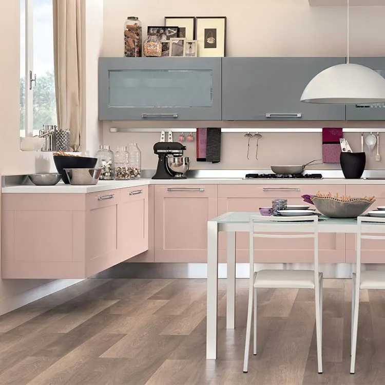 Soft Closing Adjustable Hinge Type Apartment Modern Pink Kitchen Cabinet Sets