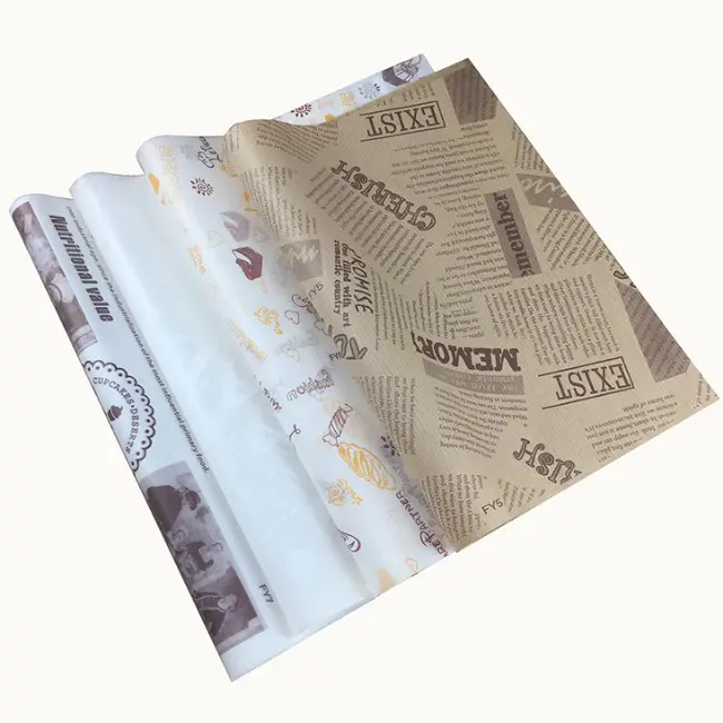 Custom printed 40gsm greaseproof paper food packaging for burger wrapping