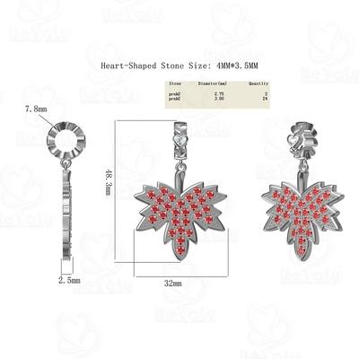 Heart-Shaped Design Bead Custom Charm Maple Leaf Red Cz Silver Pendant