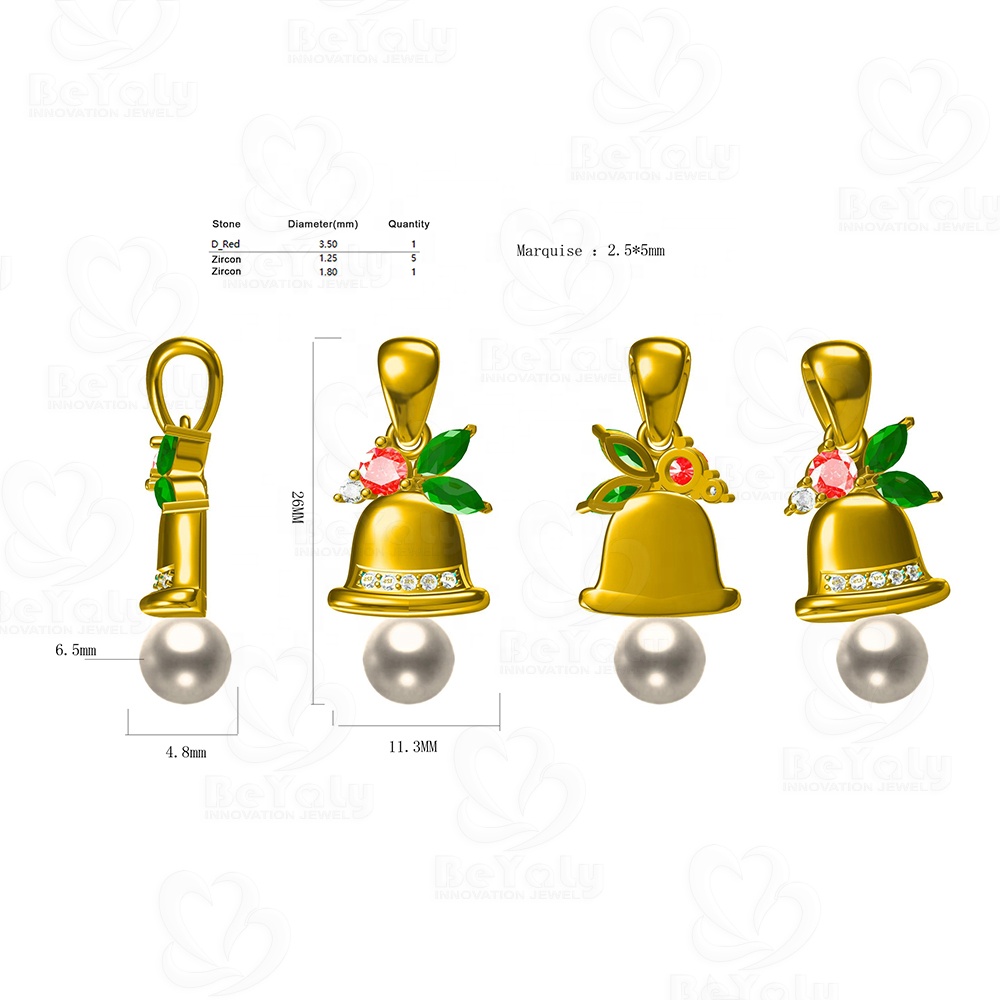Beyaly OEM & ODM Custom Gold Plated Three Color Geometric Stone Bell Pearl Pendant