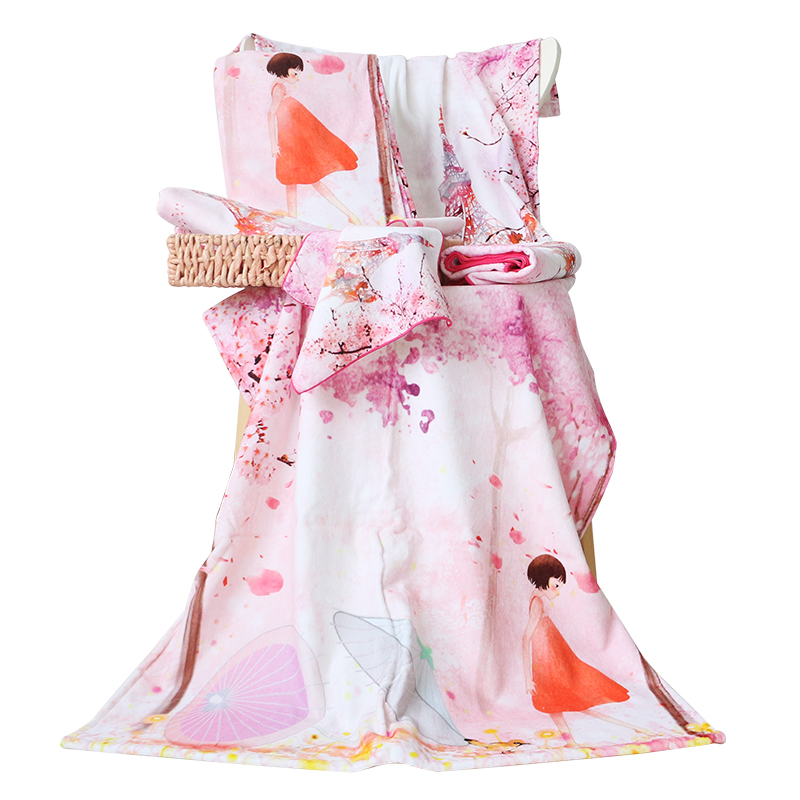 2021 Top Selling Customized terry Cotton Kawaii Cartoon Printed Pink Bath Towel Set Bath Sheet