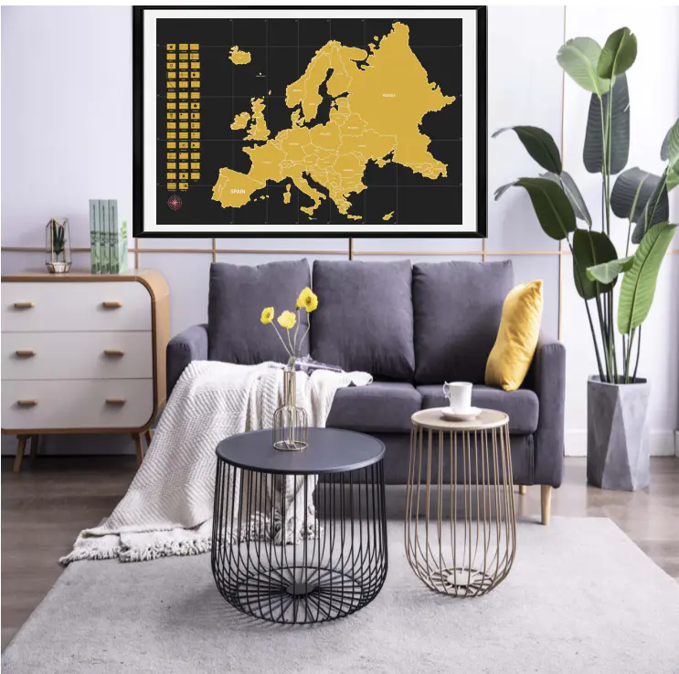 Customized logo gold glossy scratch off Europe map scratch poster