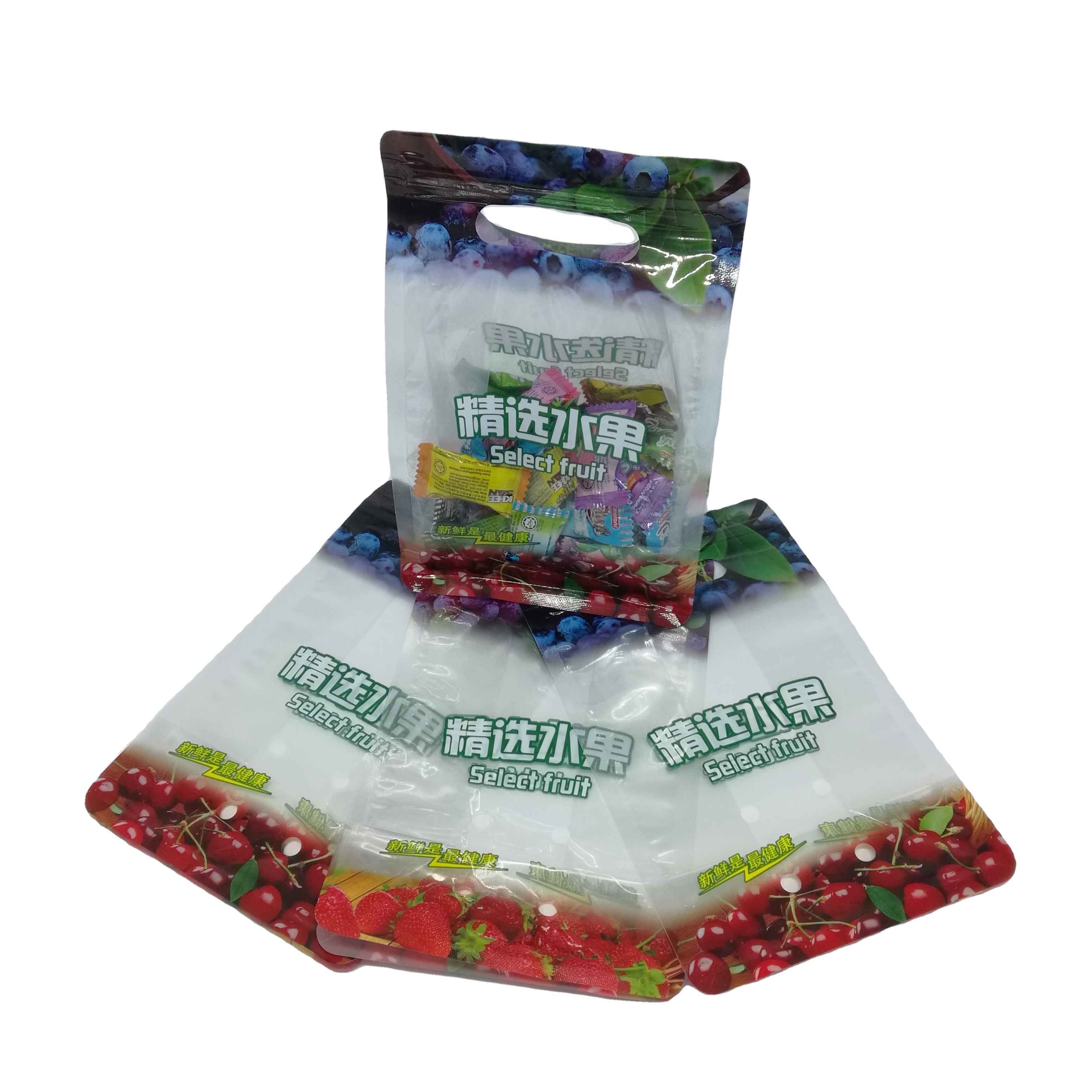 transparent fruit packaging flat bottom bag with handle holes