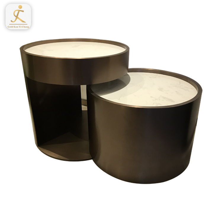High grade hairline brush metal luxury golden end side table frame round big marble stainless steel coffee table base