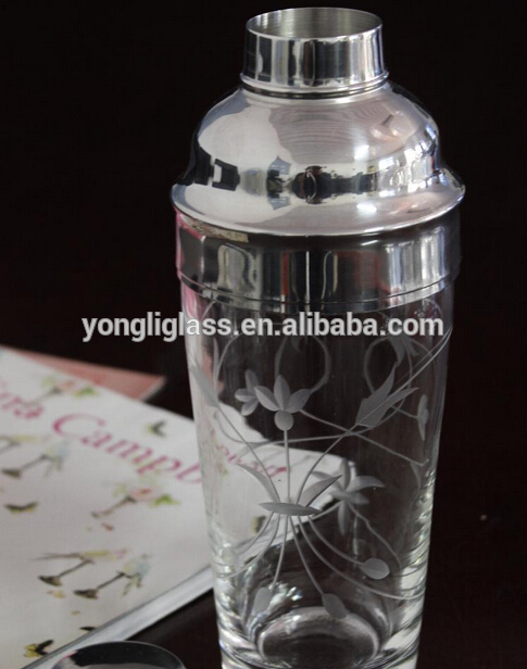 2015 top quality unique professtional glass shaker bottle with stainless steel lid, large glass shaker with pattern