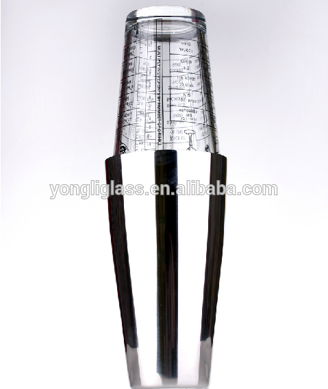 2015 high quality unique professtional bar glass shaker bottle, large glass shaker with tick mark