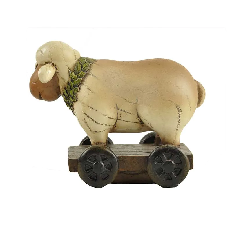 Cost-effective Lovely Resin Carfts Gift Animals Sheep On Wheeler Statue For Souvenir