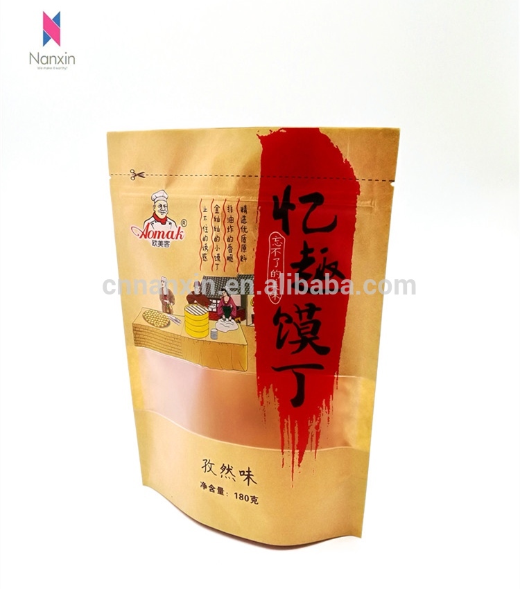 Eco-friendly packaging stand up kraft paper bag with window for dry food
