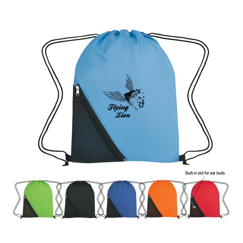 Promotion waterproof polyester nylon Drawstring bag With Outside Mesh Pocket