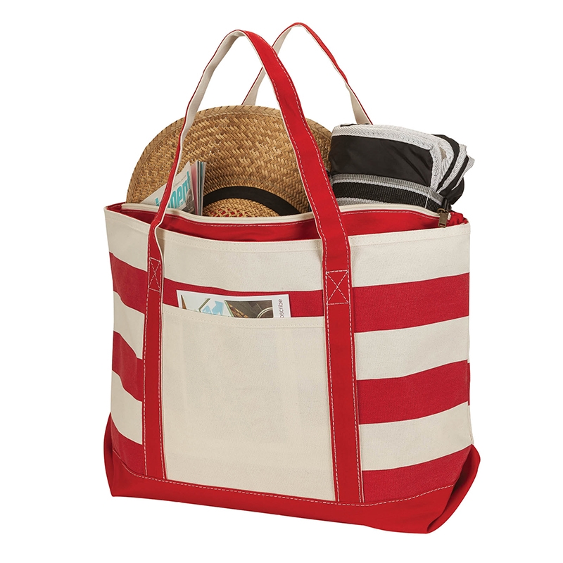 Natural Cotton Canvas Wide Striped Tote Bag with Zip Closure #04020