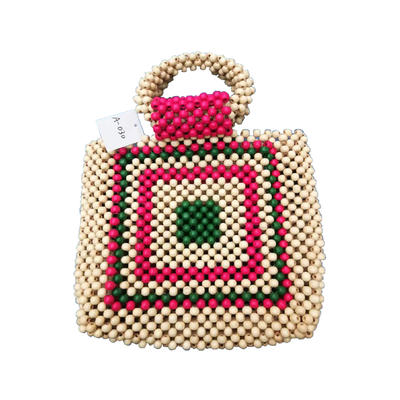 Large Size Handmade Bamboo Slice Wooden Bead Cross Weave Handbag For Shopping