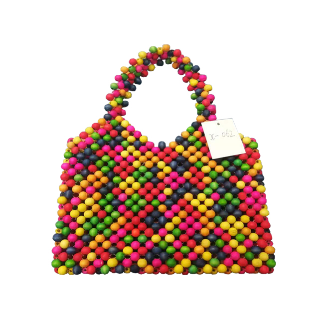 2021 Multicoloured multi color beaded handbag with wooden handle straw crochet beads shoulder bag for women
