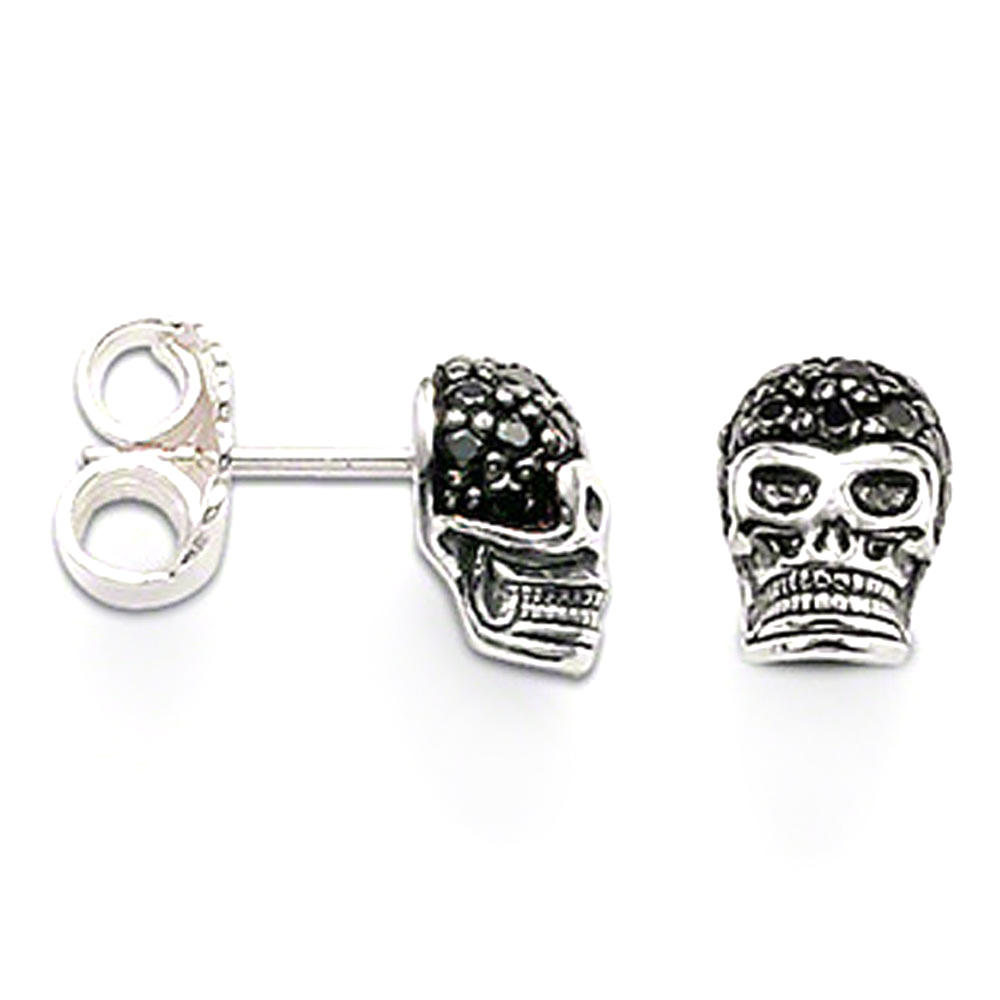 Cheap engraved black cz skull design silver boy earrings