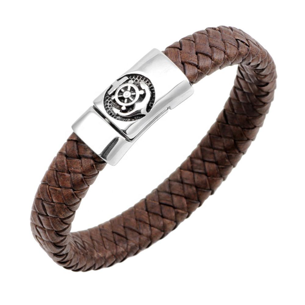 Braided Leather Anchor Engraved Clasp Magnetic Buckle Hiphop Bracelet