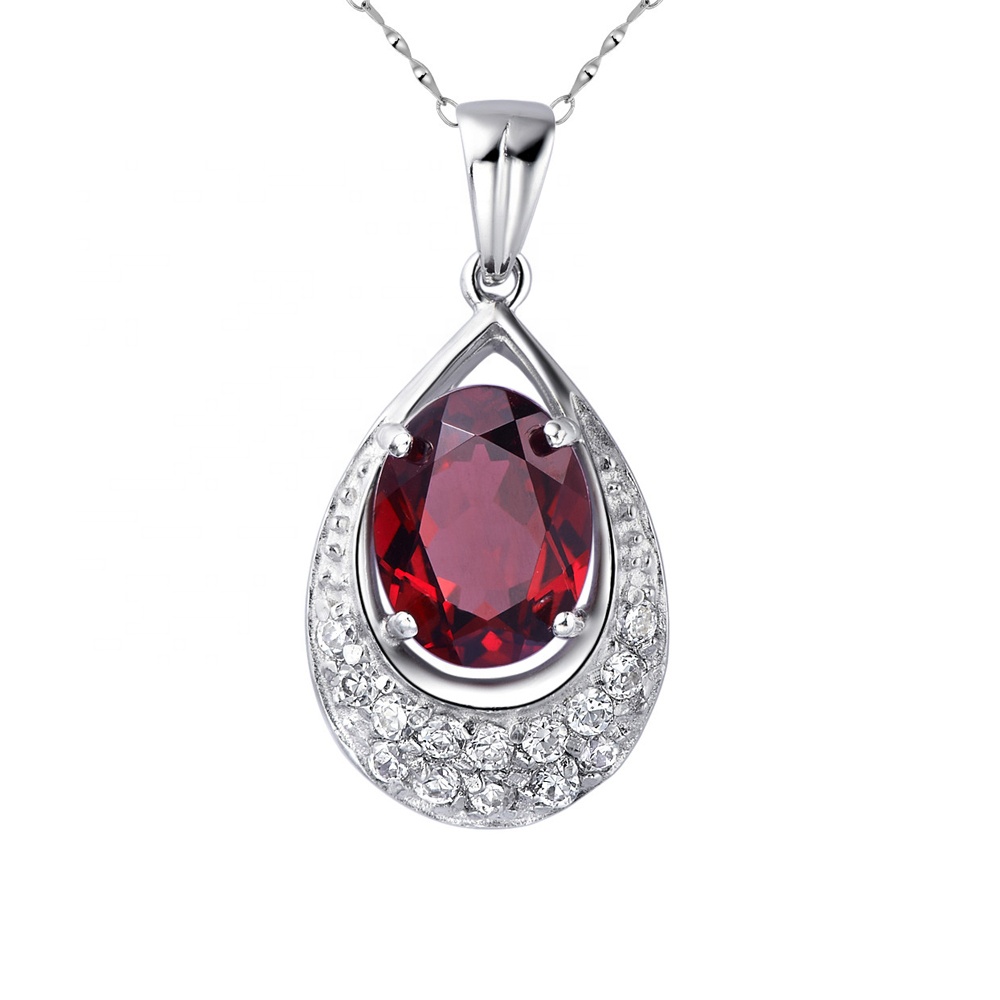 Red Zircon Waterdrop Design Silver Bijoux Moonstone Necklace