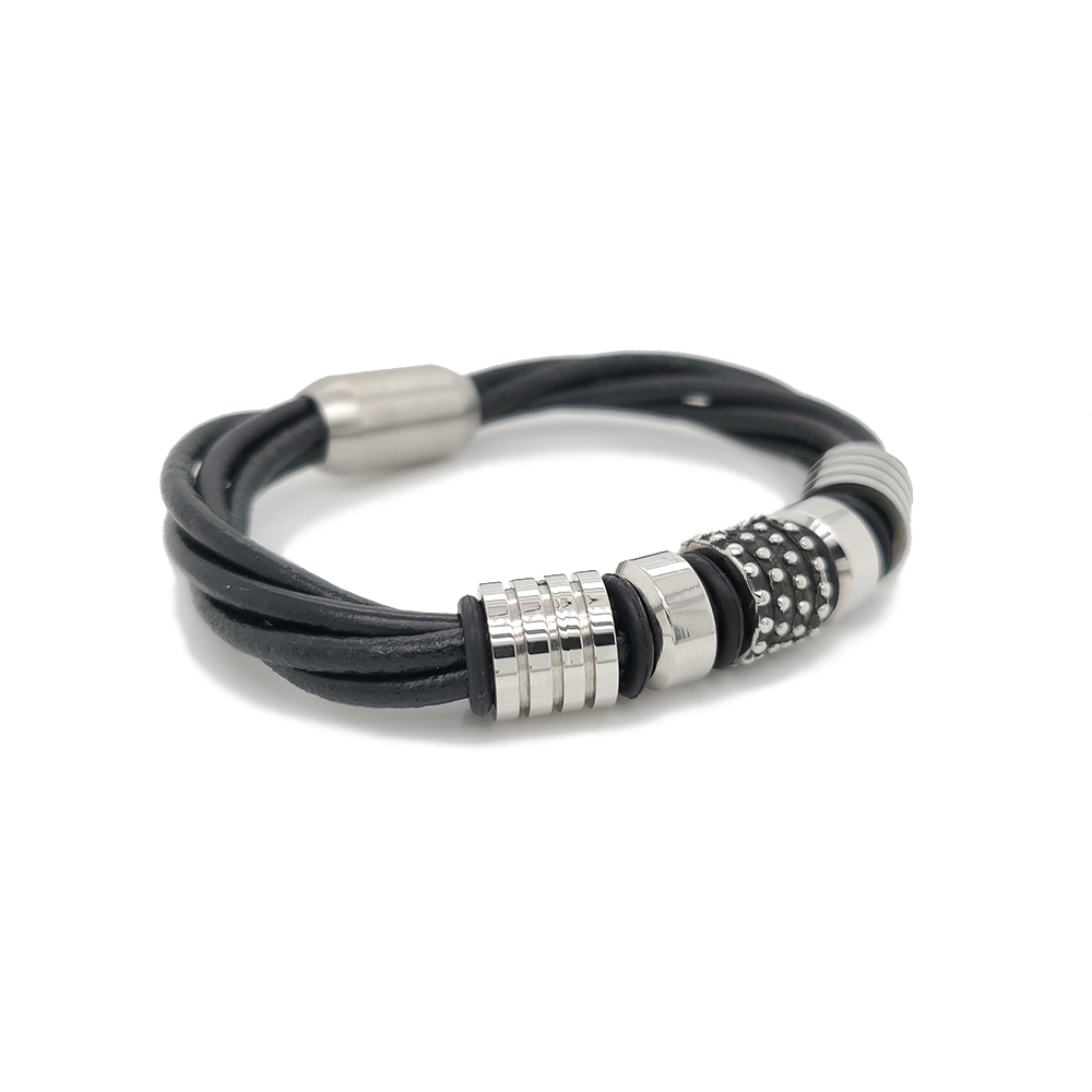 Stainless Steel Beads Design Wholesale Fashion Leather Cuff Bangle