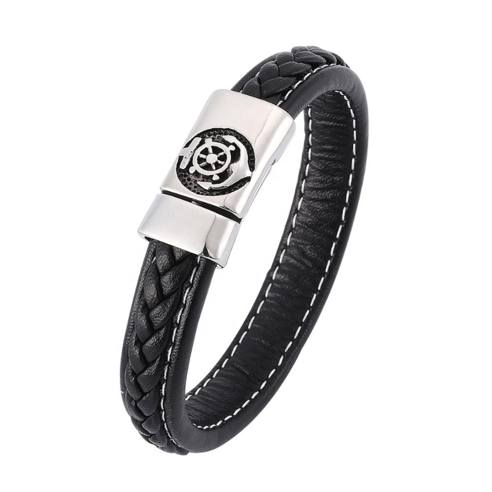 product-Braided Leather Anchor Engraved Clasp Magnetic Buckle Hiphop Bracelet-BEYALY-img-3
