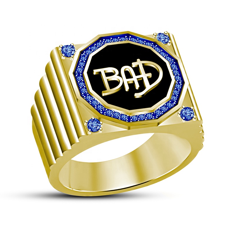Gold Plated Finishing Blue CZ Bad Ring For Men And Women