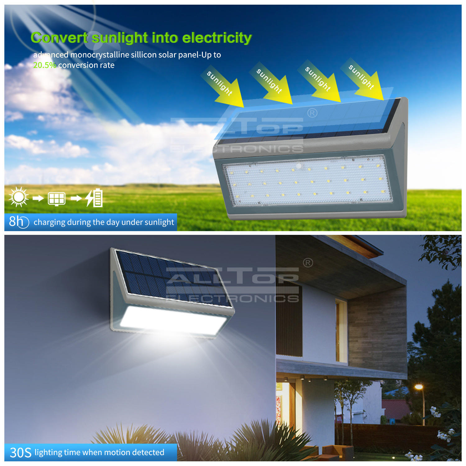 ALLTOP Morden Waterproof Outdoor Up And Down IP65 3w 5w LED Solar Wall Light With Sensor