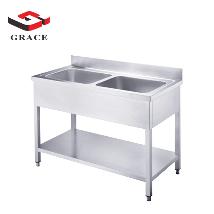Commercial used stainless steel kitchen Double sink with under shelf