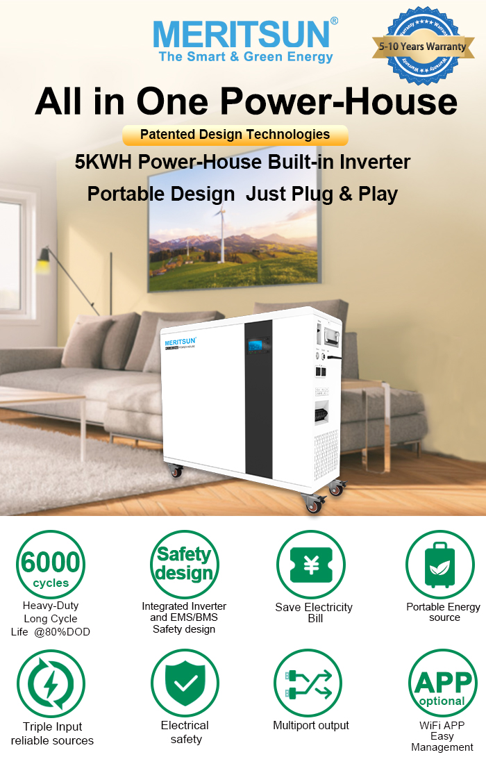 Meritsun Solar Home System 5kw with storage lithium ion battery hybrid Solar inverter all in one Solar Energy System