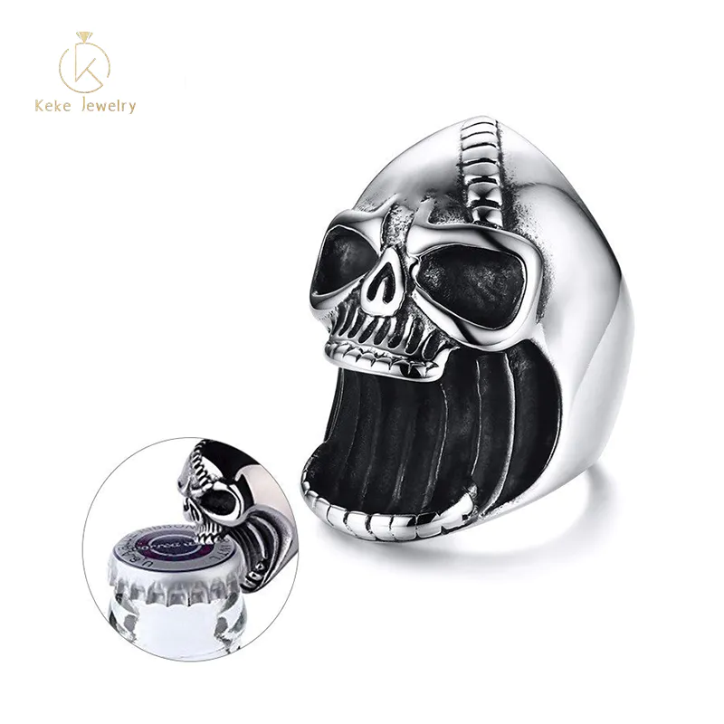 Wholesale Punk style skull design bar street style stainless steel open wine bottle ghost head men's ring RC-413S