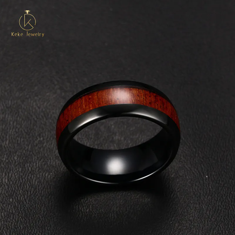 Factory direct Korean style personalized tungsten steel wood grain inlaid gold men's ring TCR-022