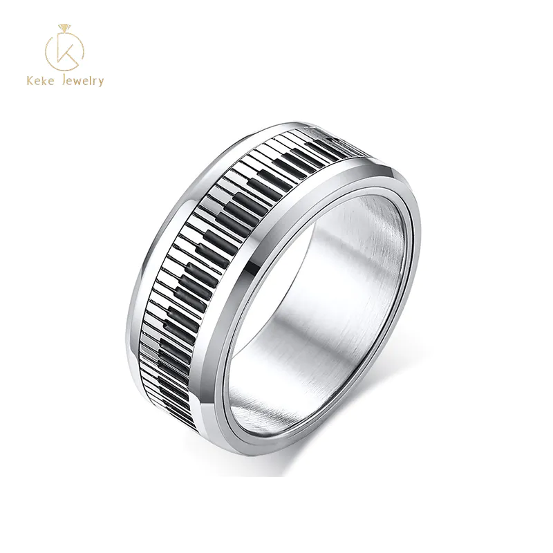 Factory direct Artistic temperament stainless steel black and white key piano rotatable men's ring R-409