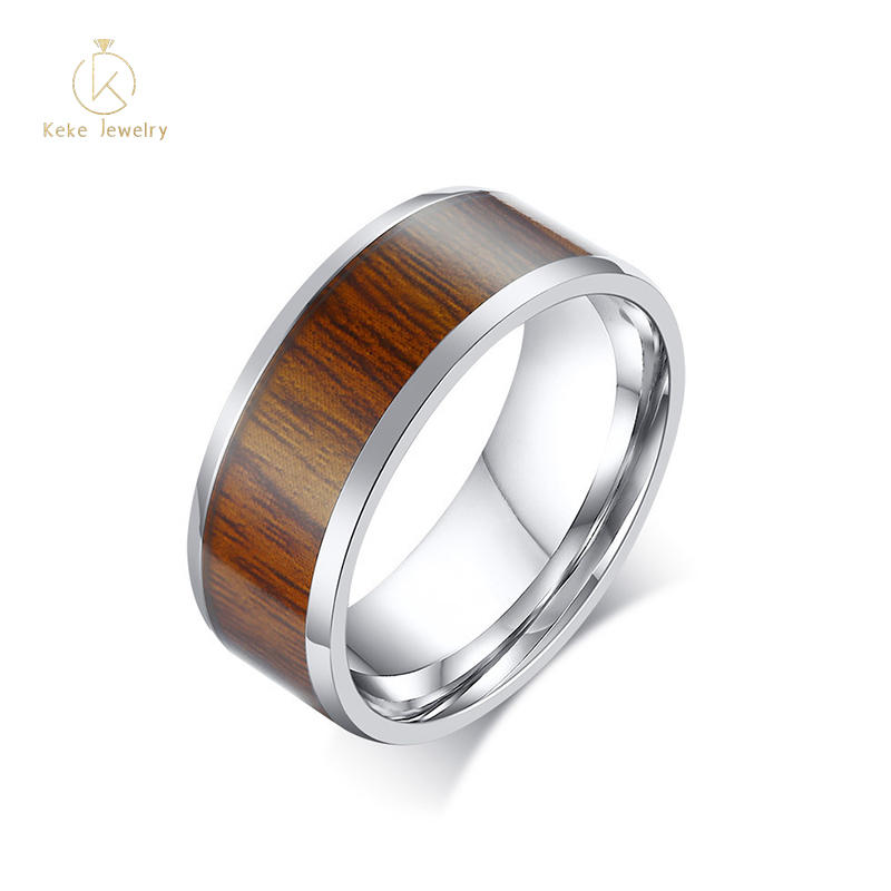 Wholesale Cheap price 8MM Stainless Steel Wood Grain Sticker Personality Men's Ring R-528S