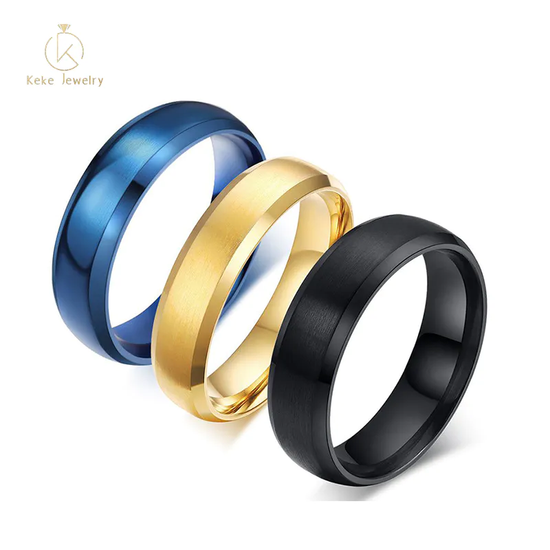 Wholesale Engravable blue/gold/black titanium steel couple ring R-014