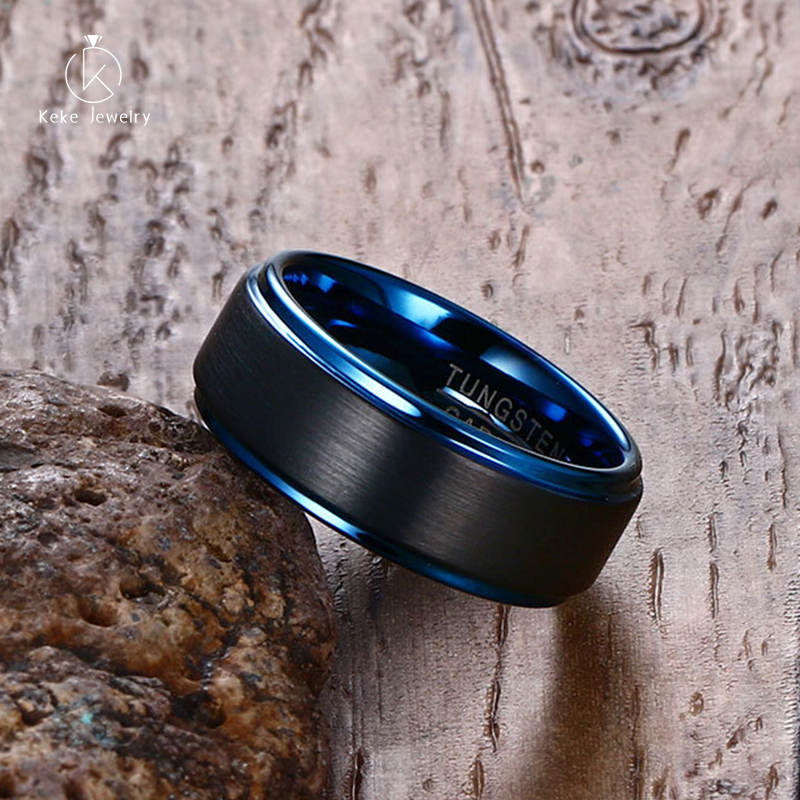 Customizable Cheap black blue 9MM tungsten steel men's ring TCR-050