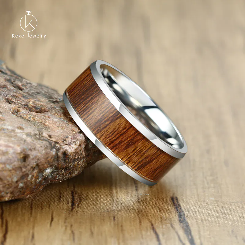 Wholesale Cheap price 8MM Stainless Steel Wood Grain Sticker Personality Men's Ring R-528S