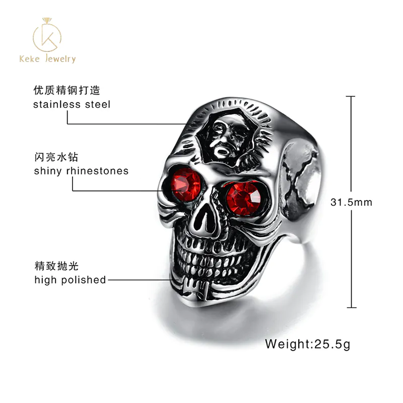 2021 New Design European and American Punk style stainless steel with red rhinestone ghost head men's ring RC-380