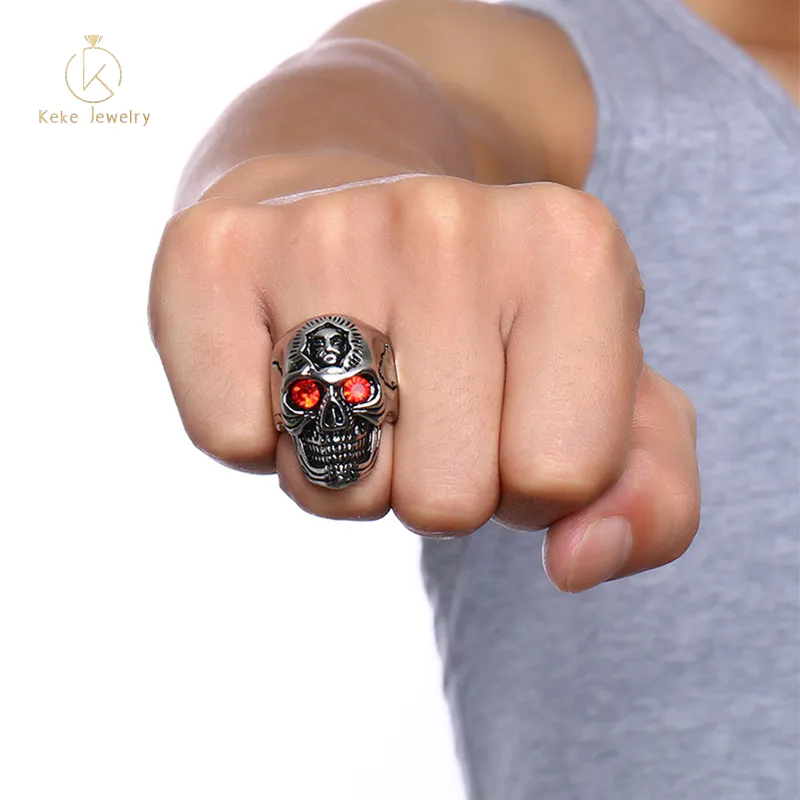 2021 New Design European and American Punk style stainless steel with red rhinestone ghost head men's ring RC-380