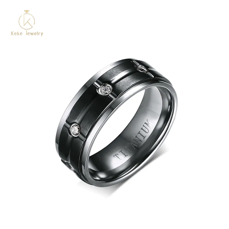 Supplier Wholesale Engravable Black Titanium Steel Men's Ring With Zircon TR-007