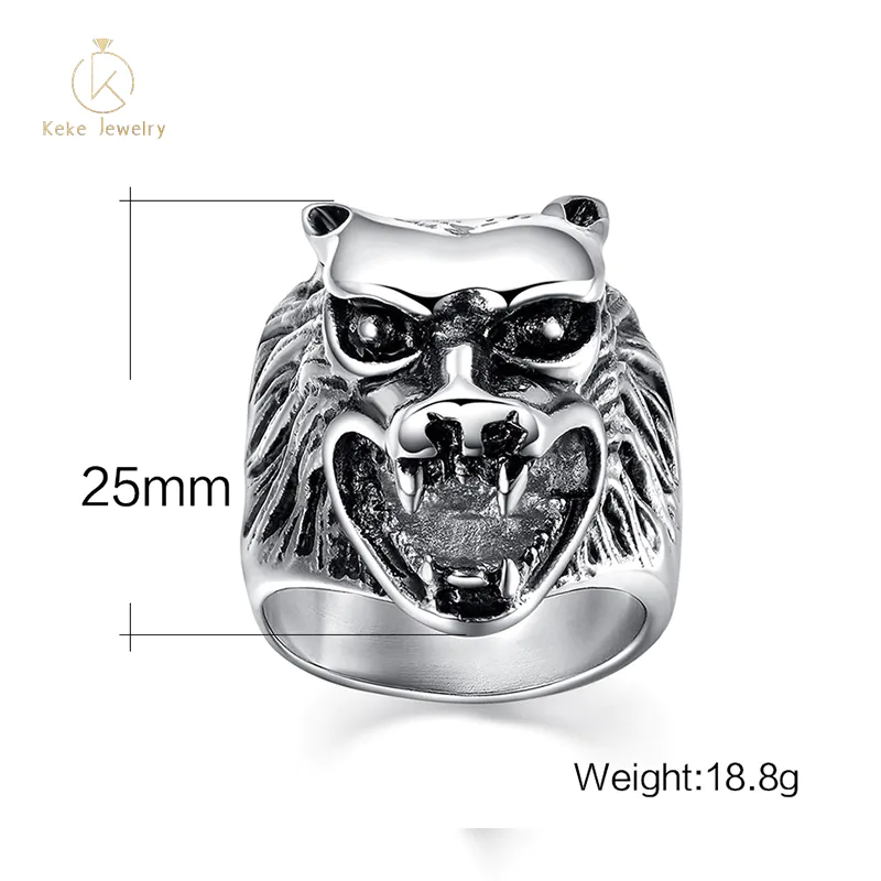 Wholesale High Quality Silver 25mm Titanium Steel Wolf Head Men's Ring RC-001