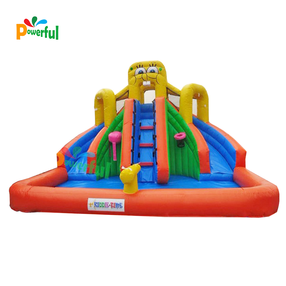 double lane inflatable water slide with pool and Basketball stand